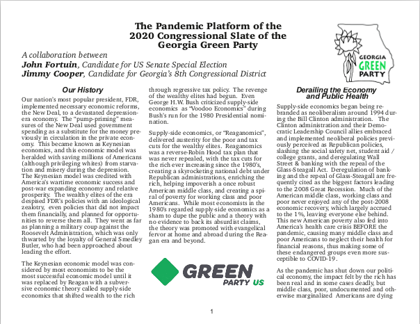 Pandemic Platform of the 2020 Georgia Green Congressional Slate